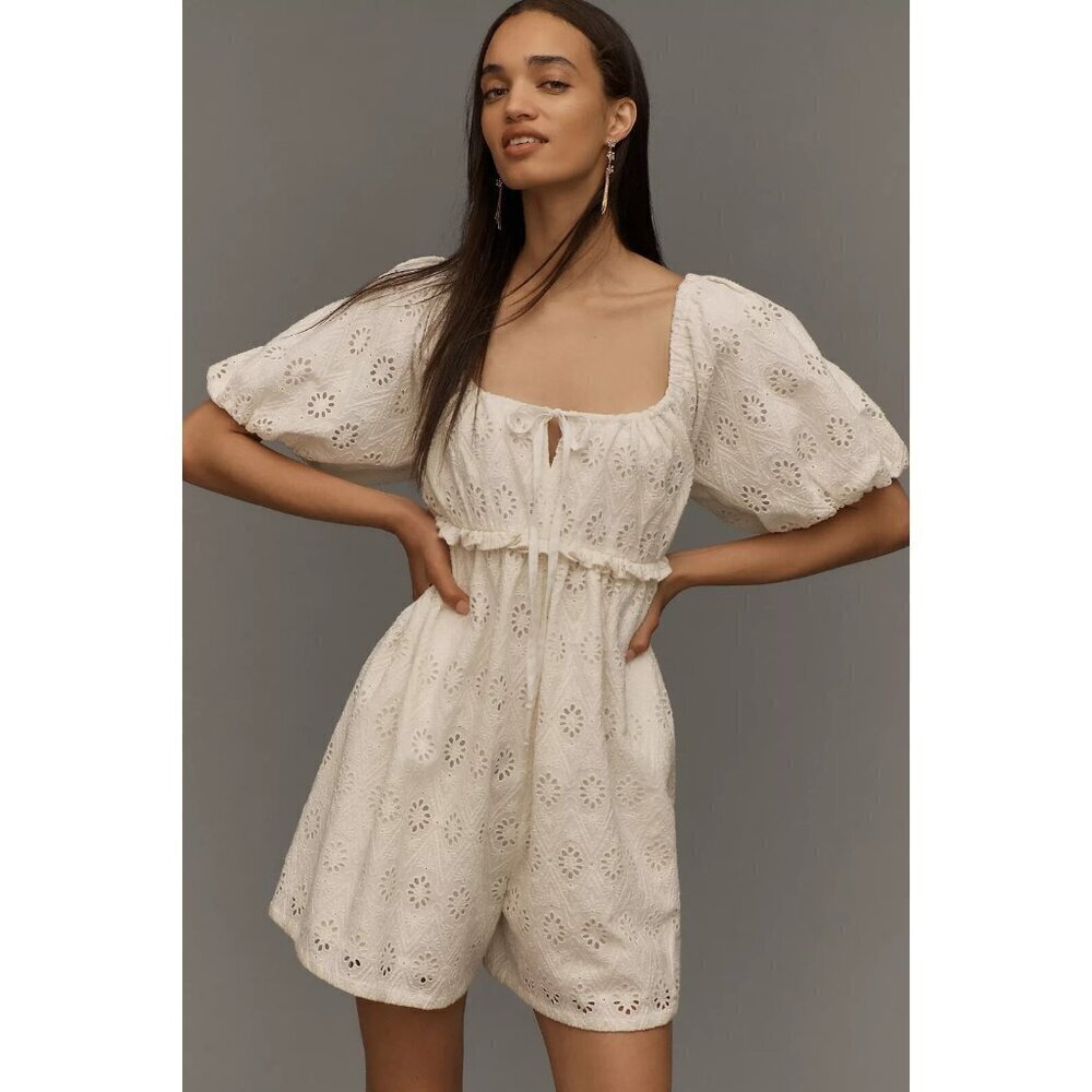 Pilcro Puff-Sleeve Eyelet Romper XL Petite